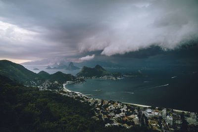 Scenic view of sea and mountains against sky