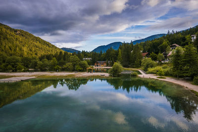 Panoramic view of jasna lake on summer morning day in slovenia