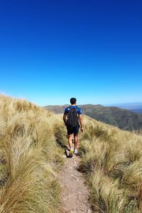 Rear view of man walking against clear blue sky