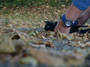 Low section of person wearing high angle view of dry leaves on field