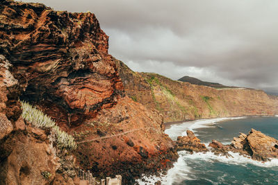 Rock formations by sea against sky