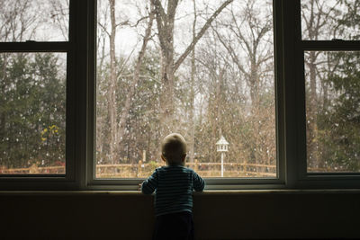 Rear view of toddler looking through window from home during winter