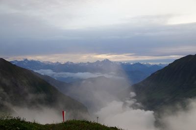 Scenic view of mountains against sky during sunset