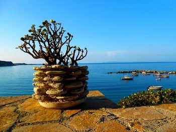 Stack of rocks on beach against sky