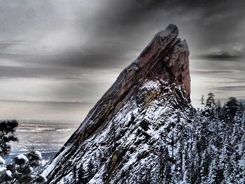 Built structure on snow covered landscape against sky