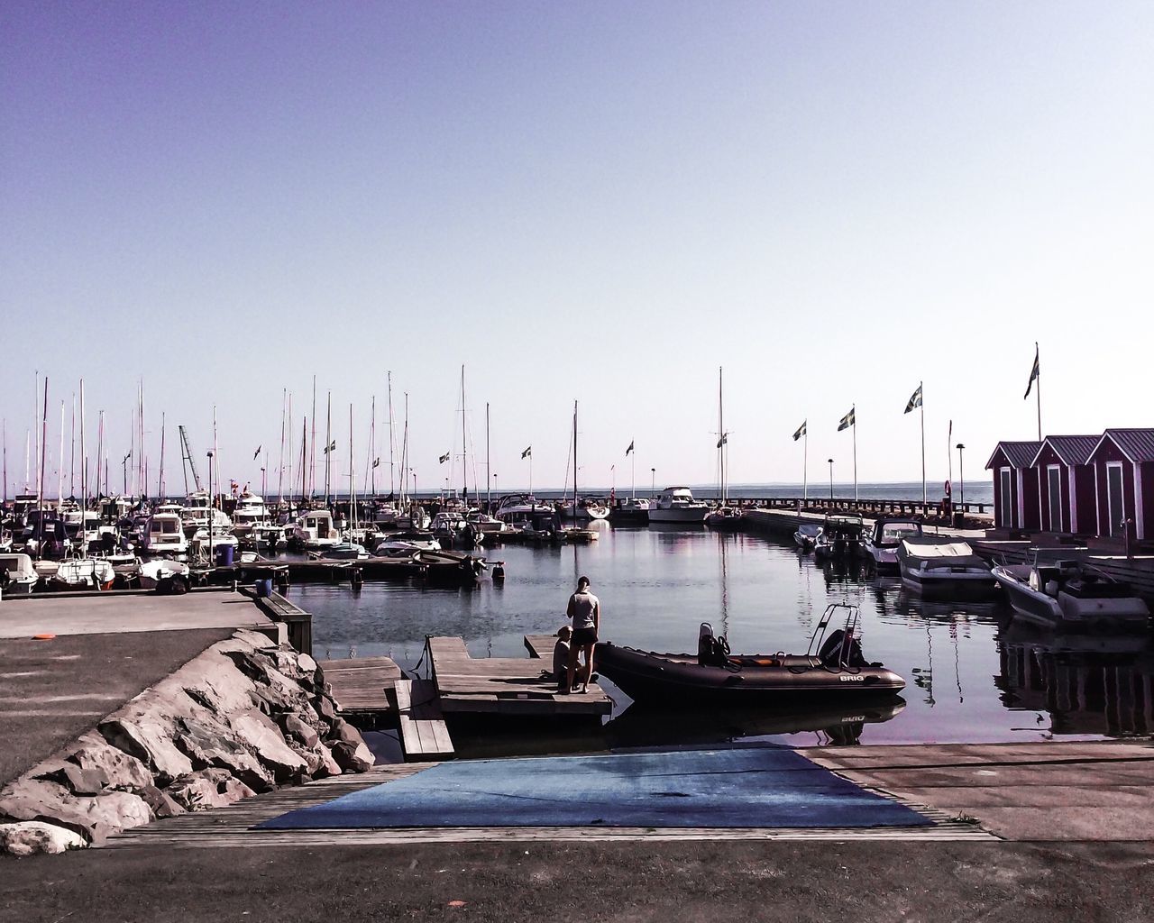 nautical vessel, transportation, clear sky, moored, mode of transport, water, boat, harbor, copy space, sea, built structure, building exterior, bird, architecture, sky, day, travel, in a row, outdoors, flying