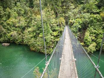 Footbridge over river amidst trees in forest