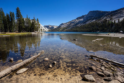 Scenic view of lake against clear blue sky