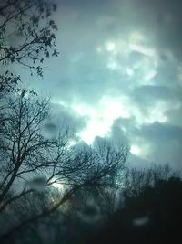 Low angle view of bare trees against cloudy sky