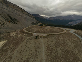 Spectacular aerial view of the curve at the big bend on the icefield parkway, canadian rockies.