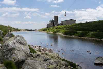 Scenic view of river by buildings against sky