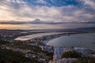 High angle view of cityscape against sky during sunset