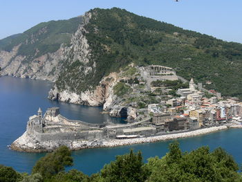 High angle view of town by sea