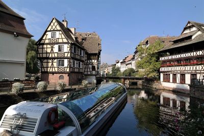 Reflection of buildings in river against sky