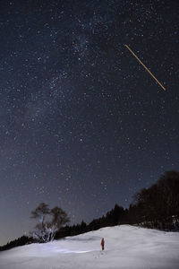 Person standing on snowy land against star field at night