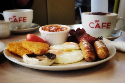 Close-up of breakfast served on table