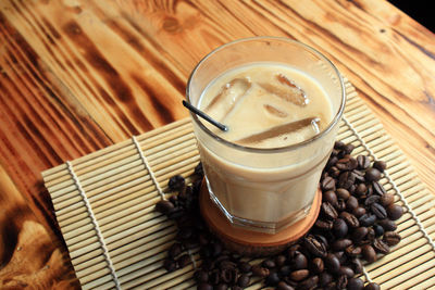 High angle view of coffee cup on table