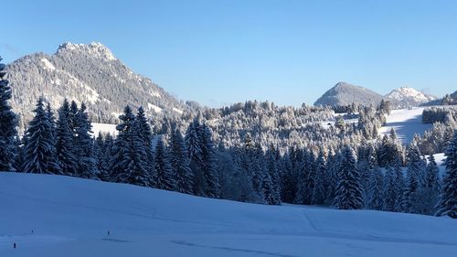 Snow covered land and mountains against sky