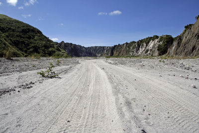 Dirt road amidst landscape against sky