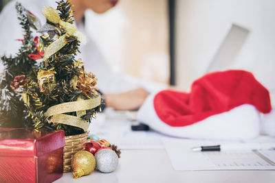 Close-up of christmas decoration on table