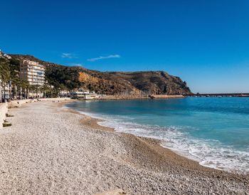 Scenic view of beach against clear blue sky