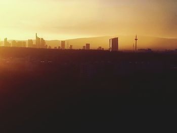 City skyline at sunset