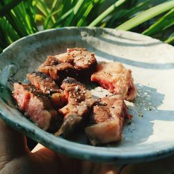 Close-up of meat in cooking pan