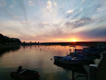 Boats in harbor at sunset