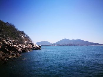 Scenic view of sea against clear blue sky