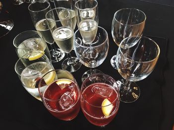 High angle view of wine glasses on table