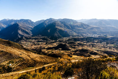 High angle view of townscape and mountains against clear sky