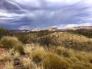 Scenic view of grassy field against cloudy sky