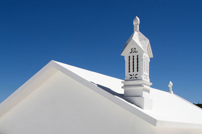 High section of white building against clear blue sky