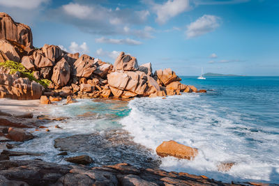 Scenic view of rocks on beach against sky