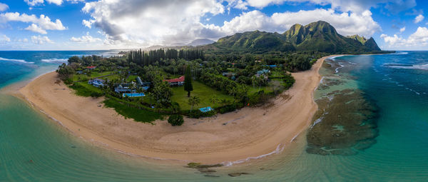 Aerial panoramic image off the coast over tunnels beach on hawaiian island of kauai 