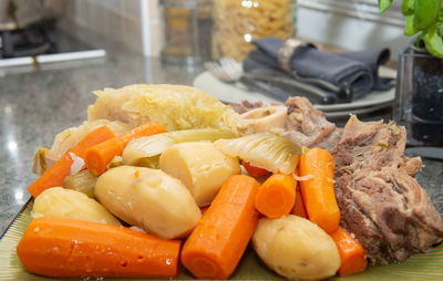 Close-up of chopped vegetables in plate