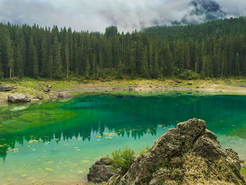 Scenic view of lake against cloudy sky