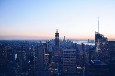 High angle shot of cityscape against clear sky