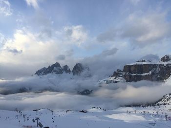 Scenic view of snow covered mountains against sky