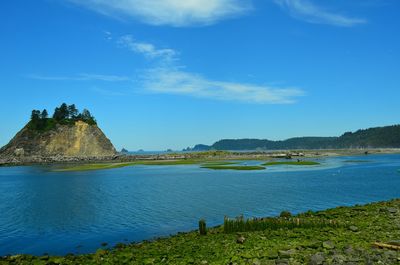 Scenic view of sea against blue sky