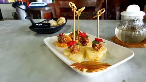 High angle view of food in plate on table