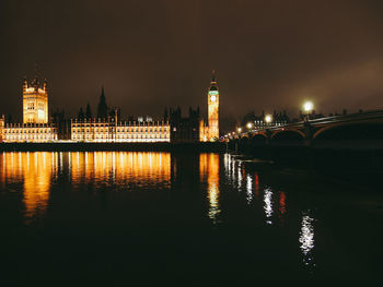 Illuminated buildings by river against sky in city at night