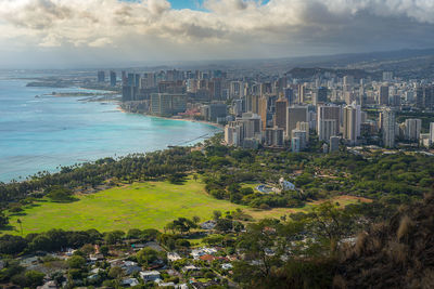 Scenic view of sea and buildings against sky