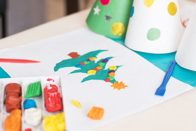 High angle view of christmas decorations on table