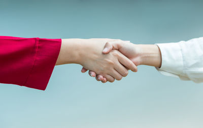 Cropped image of women shaking hands against blue background