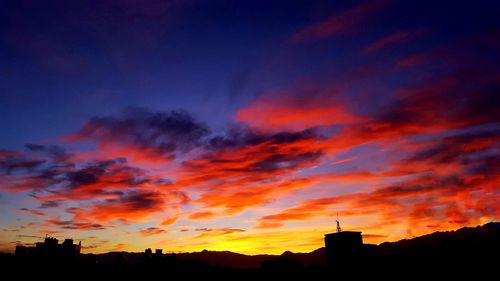 Silhouette of buildings at sunset