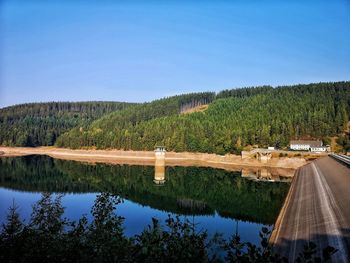 Scenic view of lake against clear blue sky