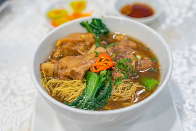 Close-up of soup in bowl on table