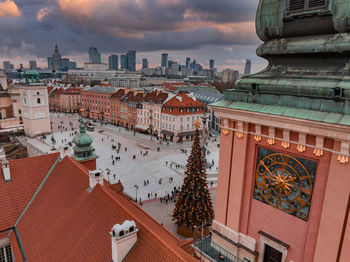 Aerial view of the christmas tree near castle square with column of sigismund