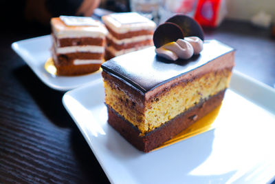 Close-up of cake in plate on table